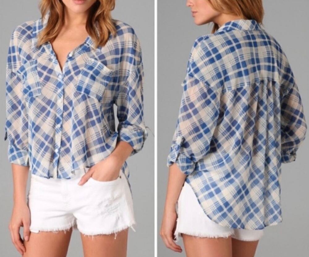 Free People Blue Cream Plaid Sheer Chiffon High Low Blouse Shirt Size Small